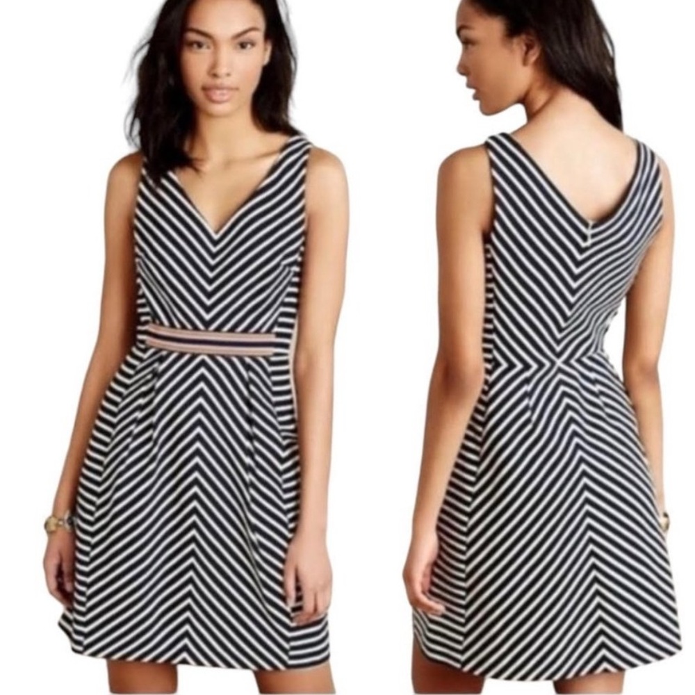 Anthropologie, Mauve Navy  and White Striped V-Neck Dress, Size 10